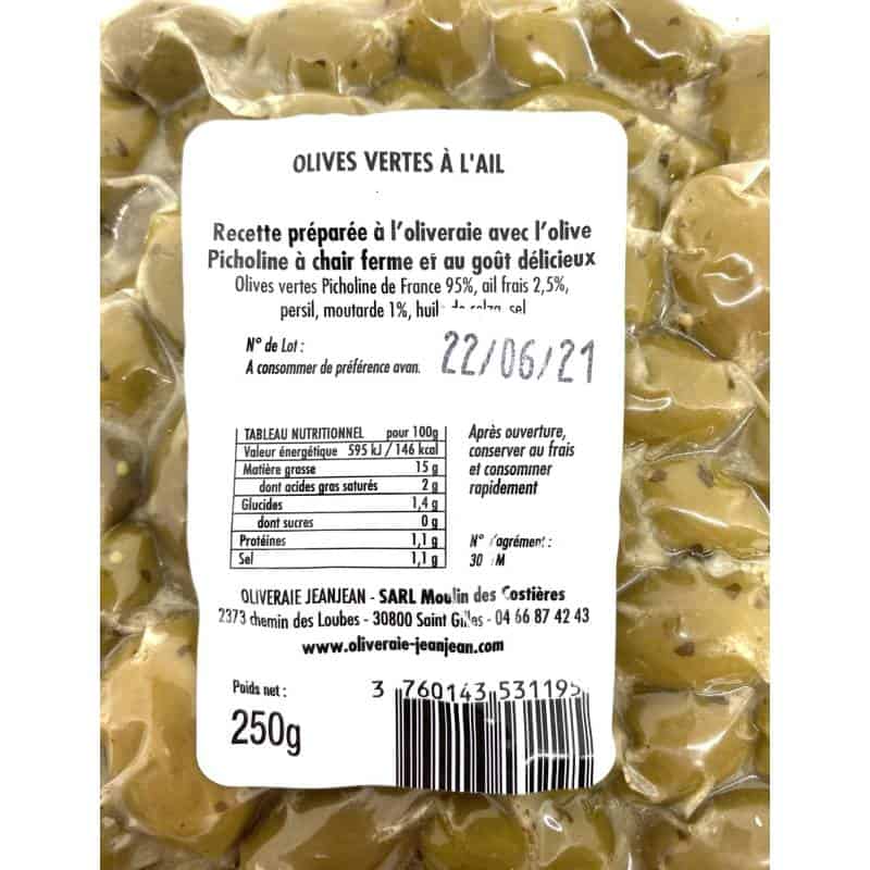 Olives vertes Picholine à l'ail 250g