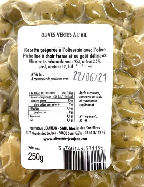 Olives vertes Picholine à l'ail 250g
