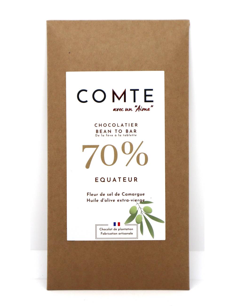 Tablette chocolat 70% Fleur de sel et huile d'olive extra vierge 60g