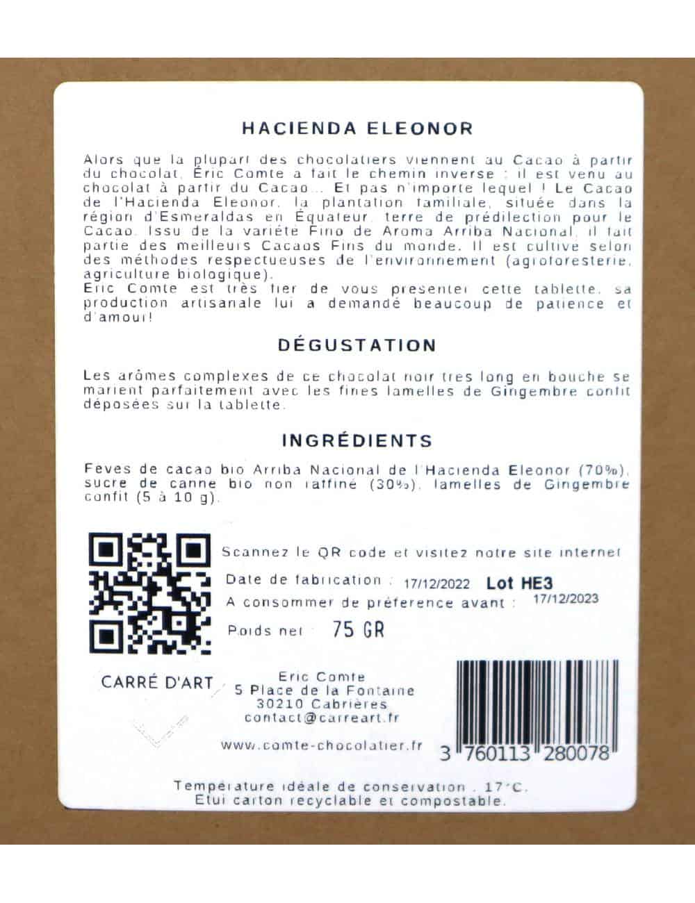 Tablette chocolat 70% Gingembre confit 60g