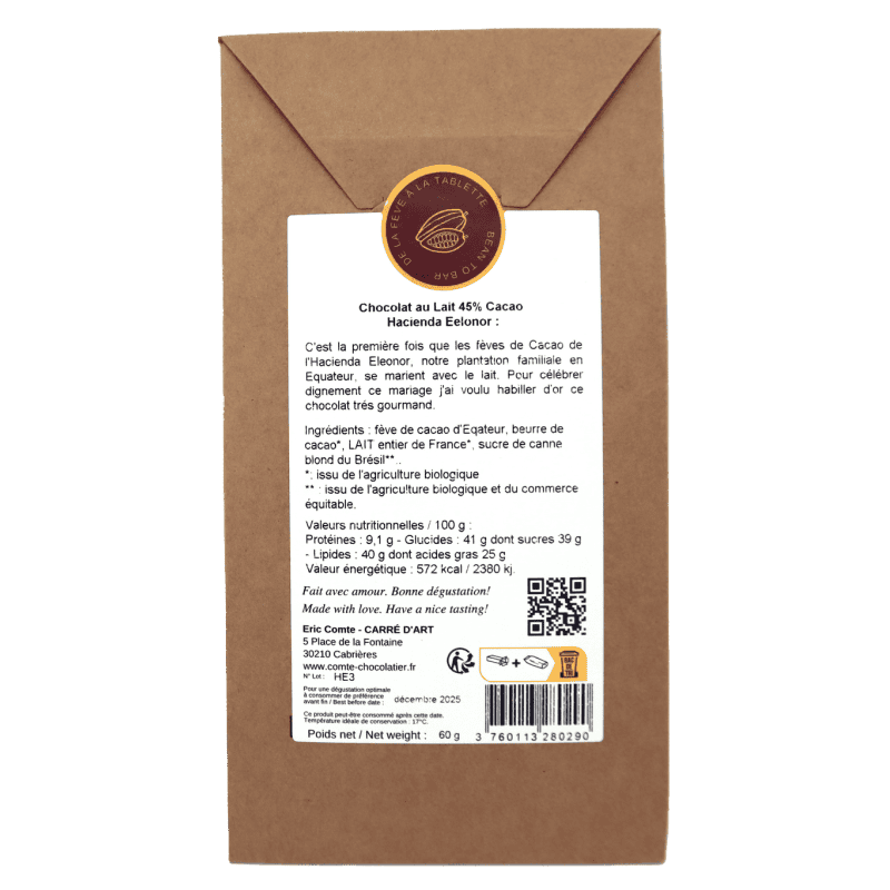 Tablette chocolat 45% Chocolat au lait 60g