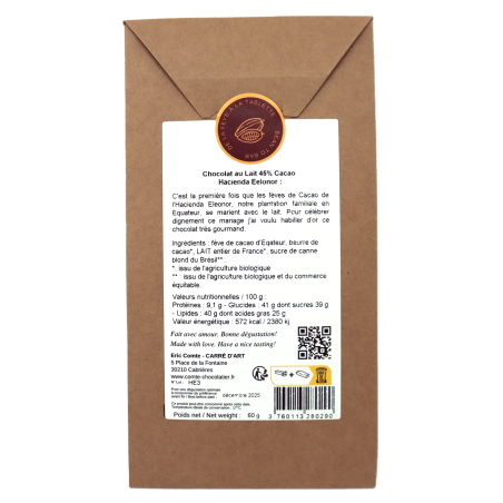 Tablette chocolat 45% Chocolat au lait 60g