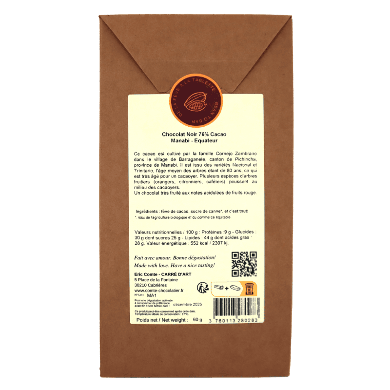Tablette chocolat 76% Manabi 60g