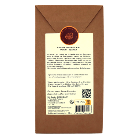 Tablette chocolat 76% Manabi 60g