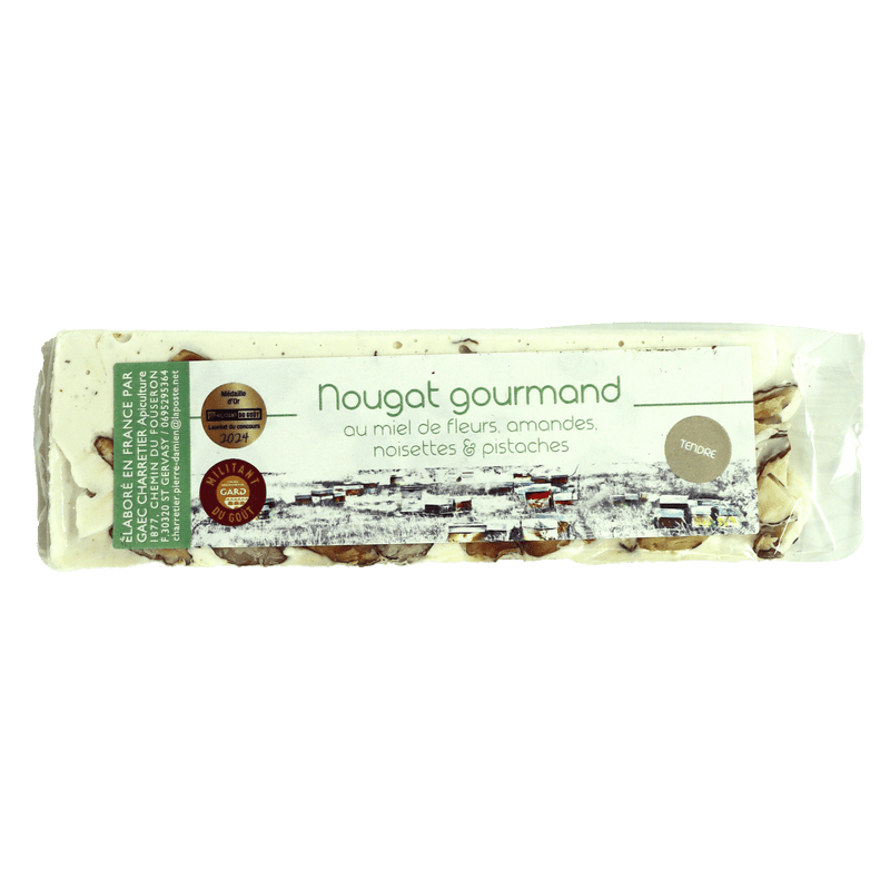 Nougat aux miel de fleurs, amandes, noisettes et pistaches 100g