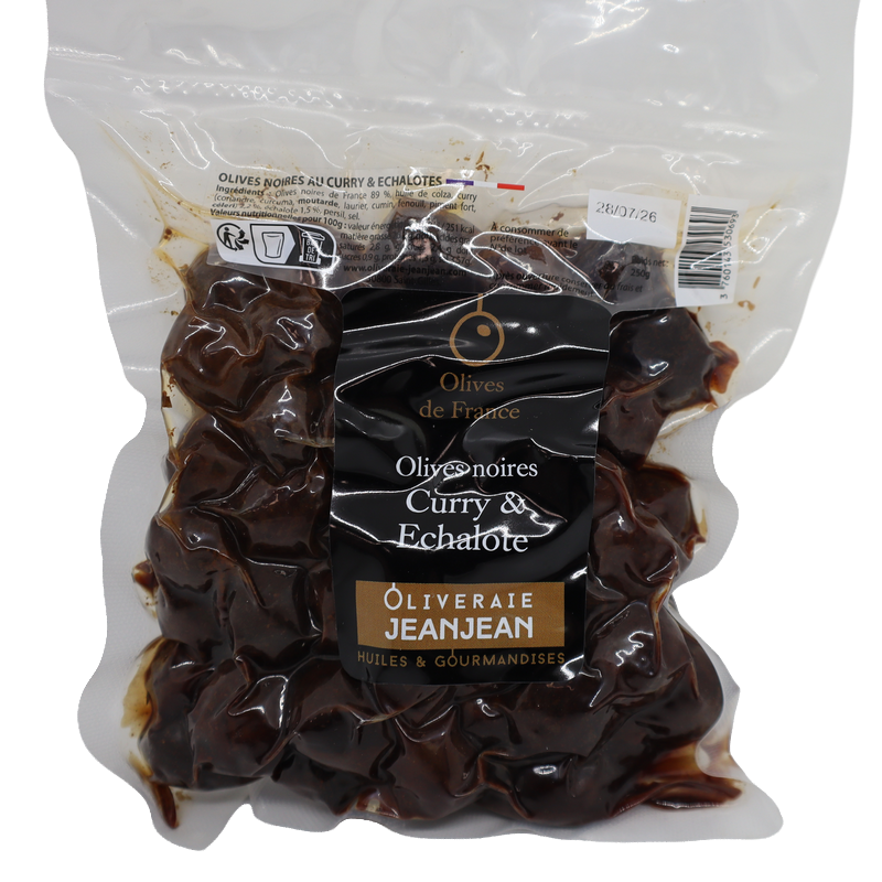 Olives noires curry et échalotes 250g | Mas des agriculteurs