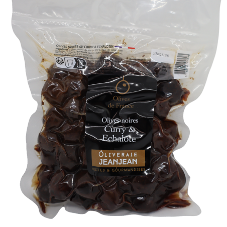 Olives noires curry et échalotes 250g | Mas des agriculteurs