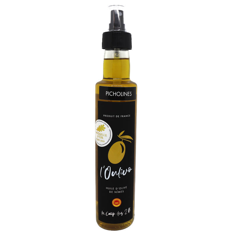 Huile d'olive de Nîmes AOP Picholine en spray 25cl | Mas des agriculteurs