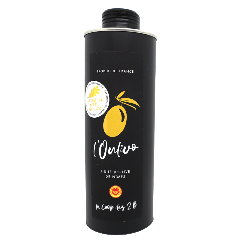 Huile d'olive de Nîmes Picholine en métal 50cl | Mas des agriculteurs