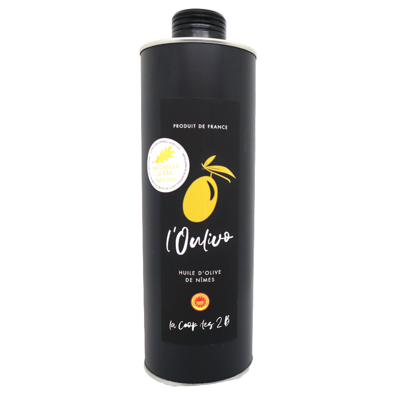 Huile d'olive de Nîmes Picholine en métal 75cl | Mas des agriculteurs