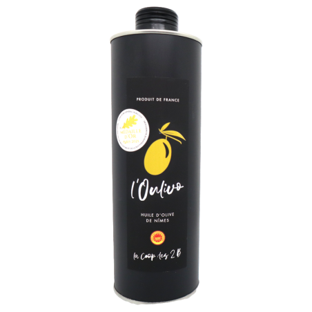 Huile d'olive de Nîmes Picholine en métal 75cl | Mas des agriculteurs