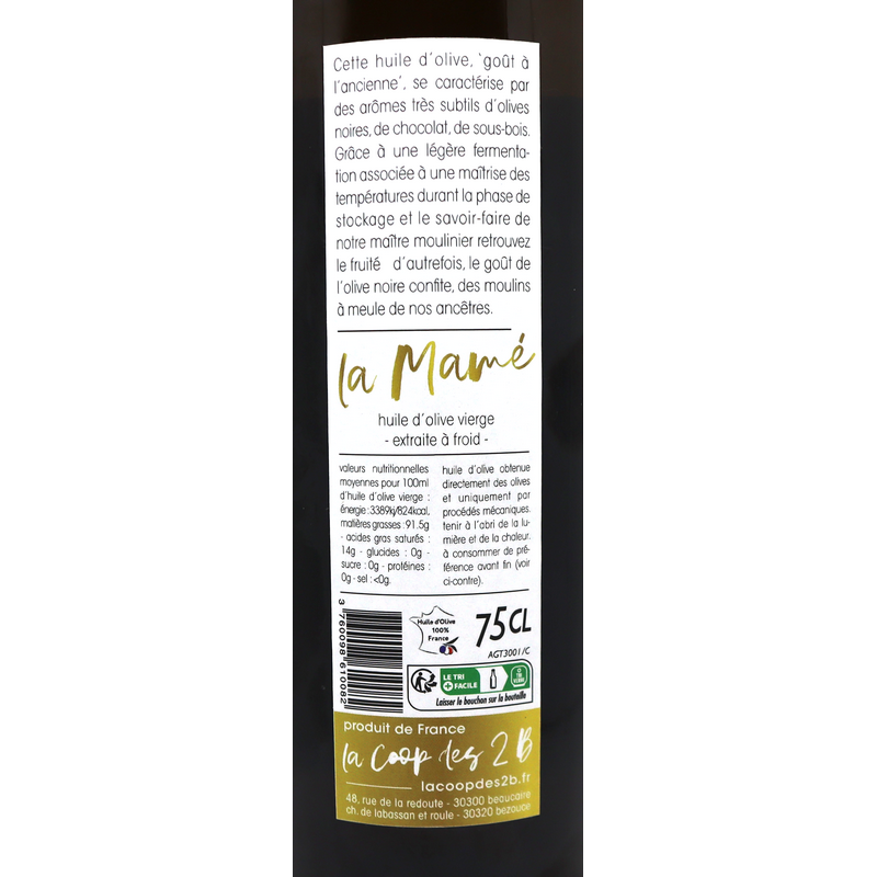 Huile d'olives vierge de France - La mamé - Fruité d'autrefois 75cl | Mas des agriculteurs