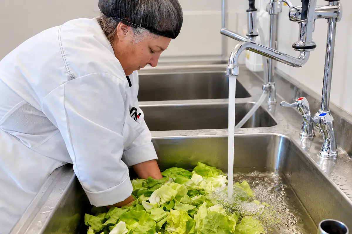 Préparation de produits locaux en cuisine centrale Préparation de salade fraîche dans une cuisine centrale approvisionnée en produits locaux